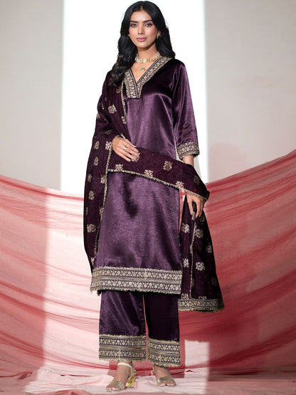 Dhiyona SN Floral Yoke Design V-Neck Sequinned Satin Kurta With Palazzos & Dupatta