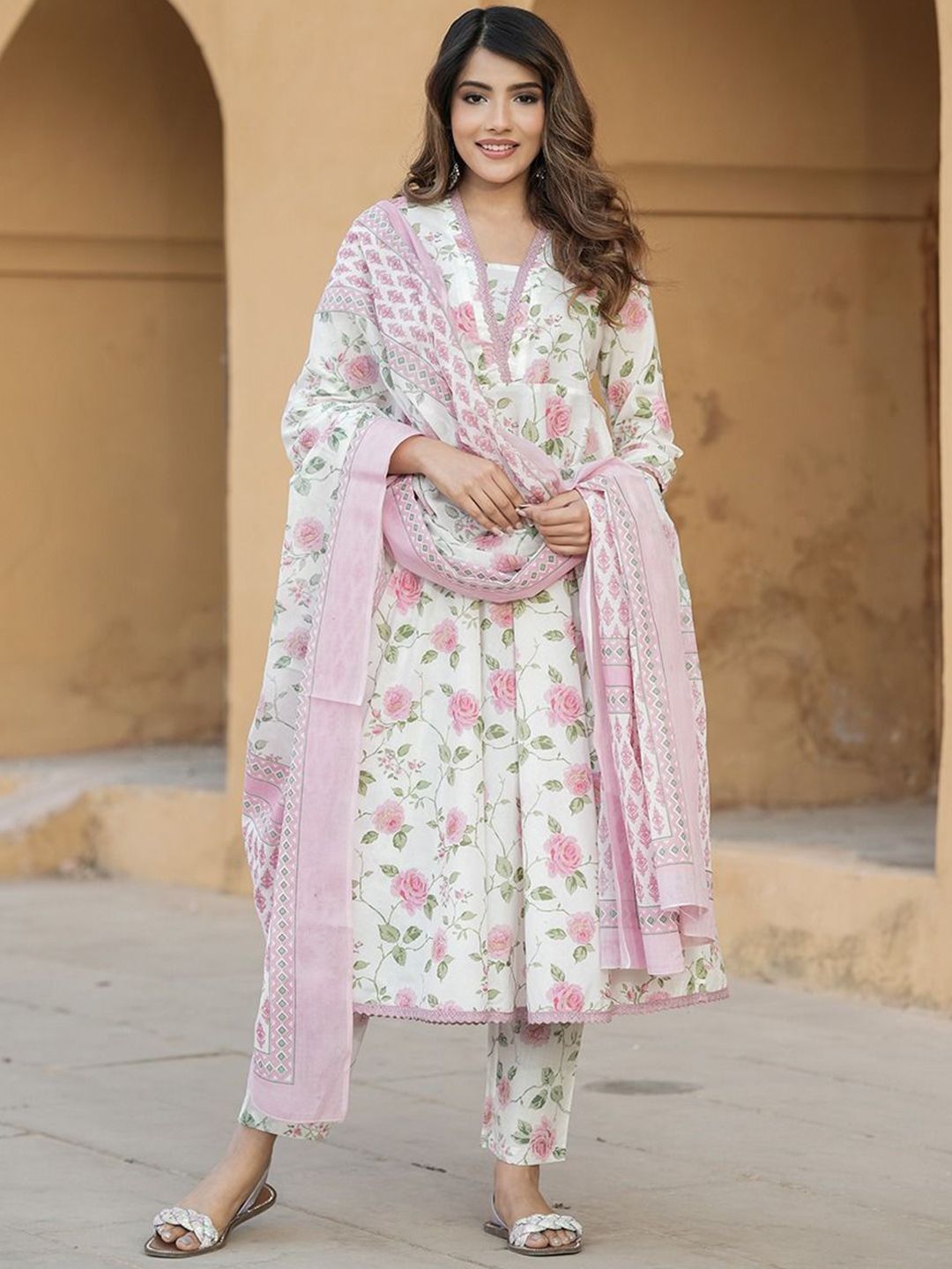 Dhiyona KL Floral Printed Pure Cotton Anarkali Kurta With Trouser And Dupatta