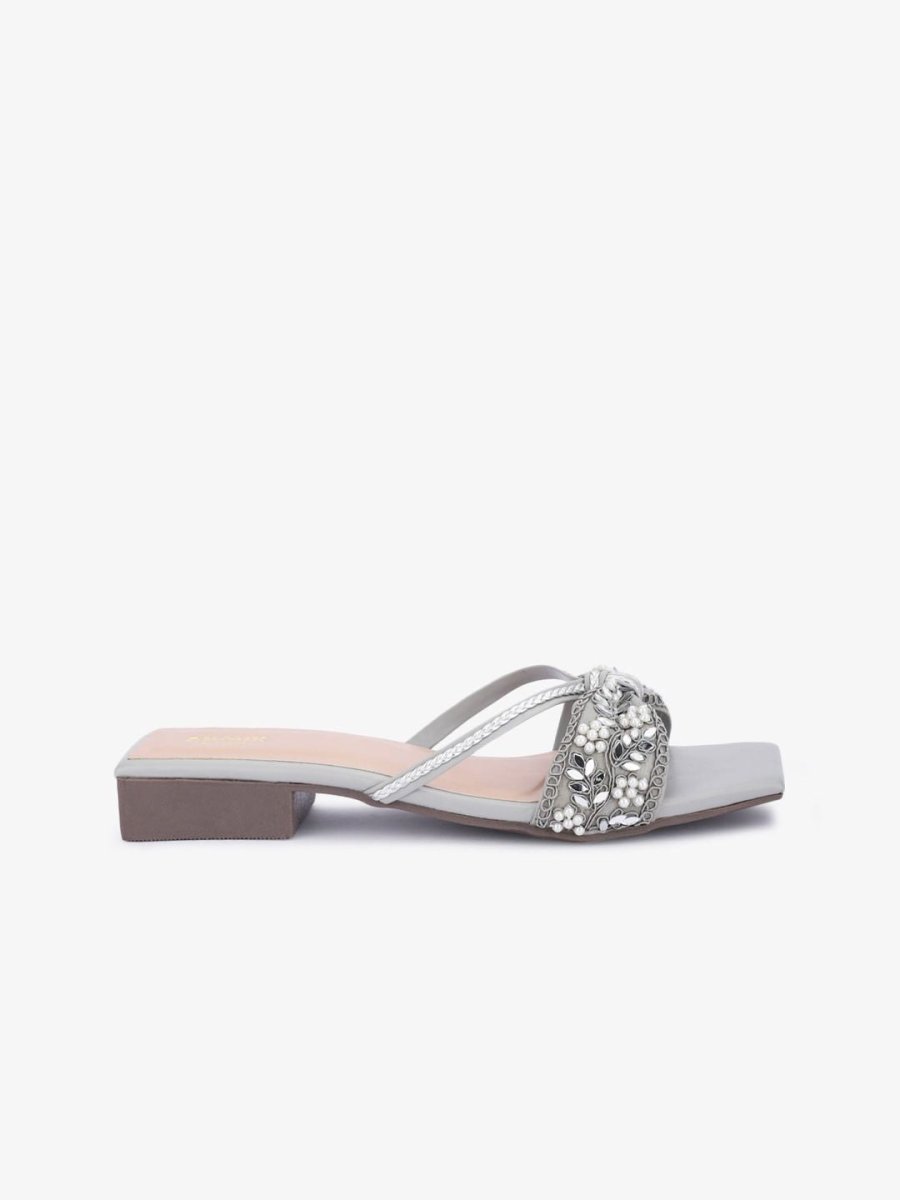 Dhiyona AK Grey Ethnic Embellished Open Toe Flats