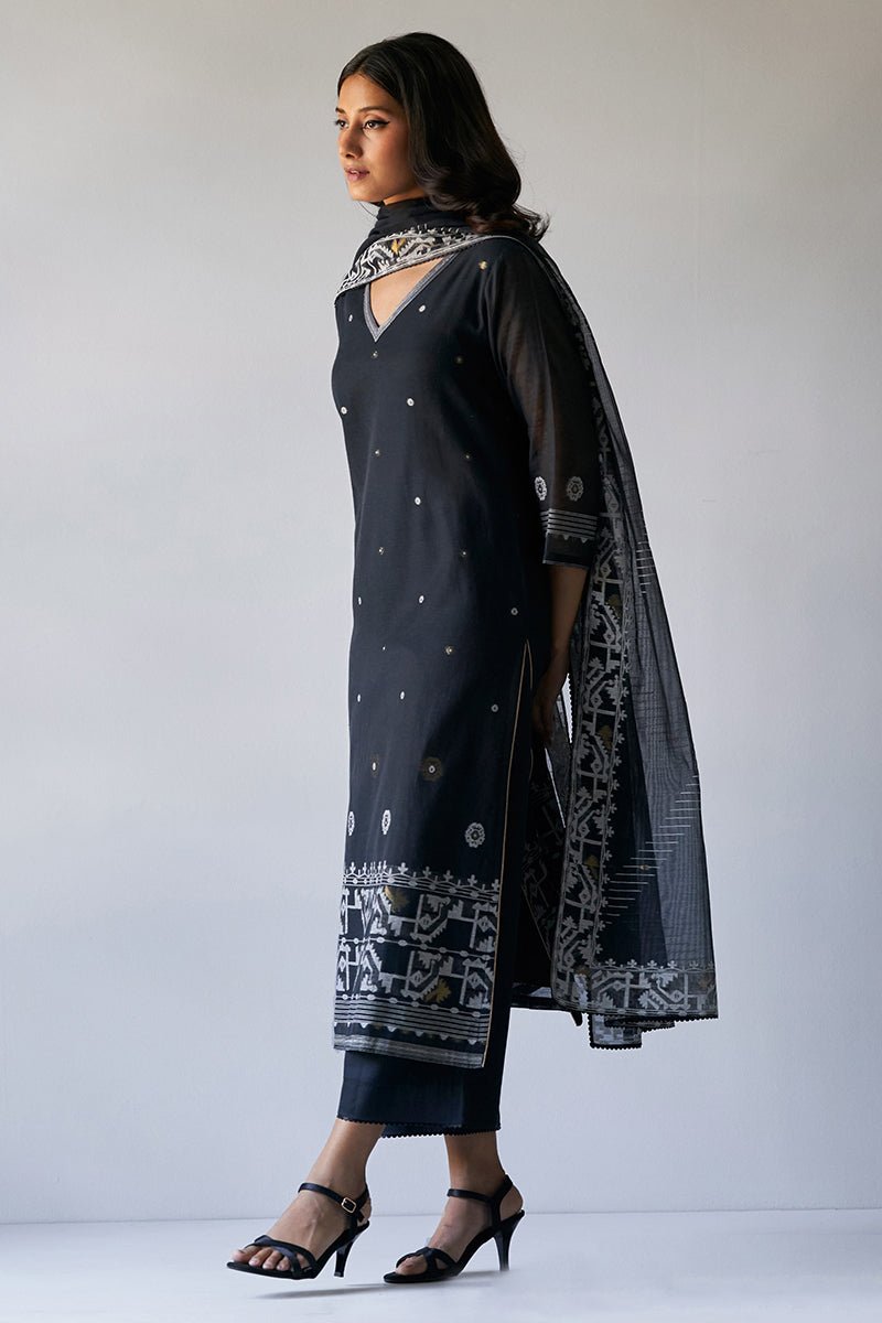 Women's Black Woven Kurta With Viscose Chanderi Dupatta