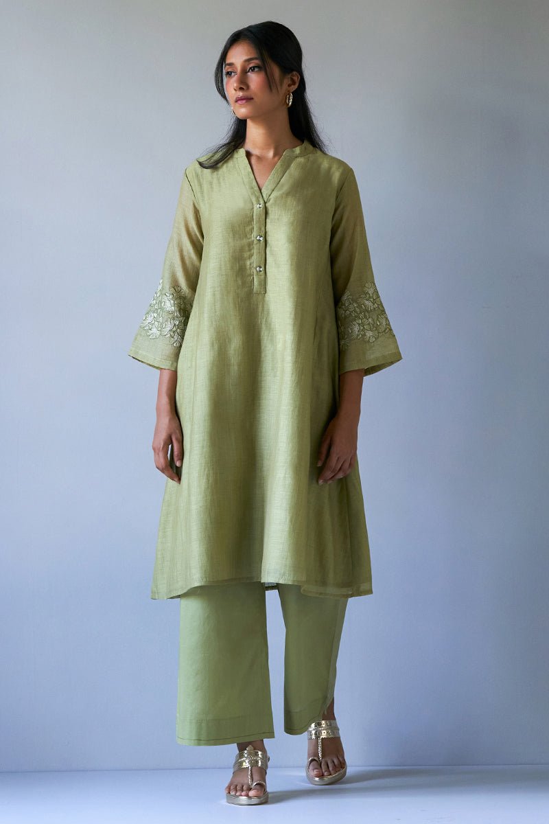 Women's Green Sand Silk Embroidered Sleeve Kurta With Cotton Bottom