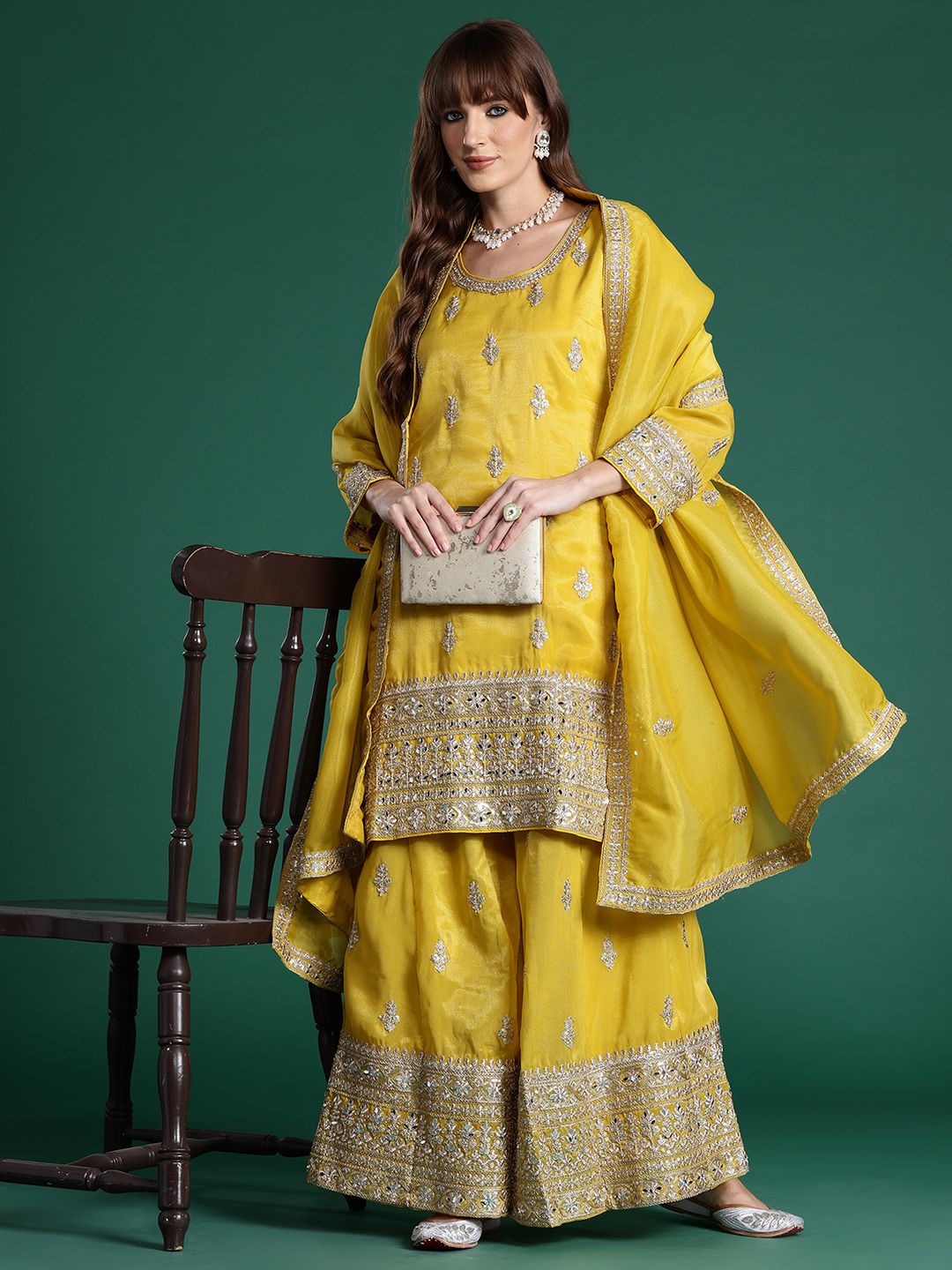Dhiyona IE Ethnic Motifs Embroidered Sequinned Kurta with Palazzos & With Dupatta