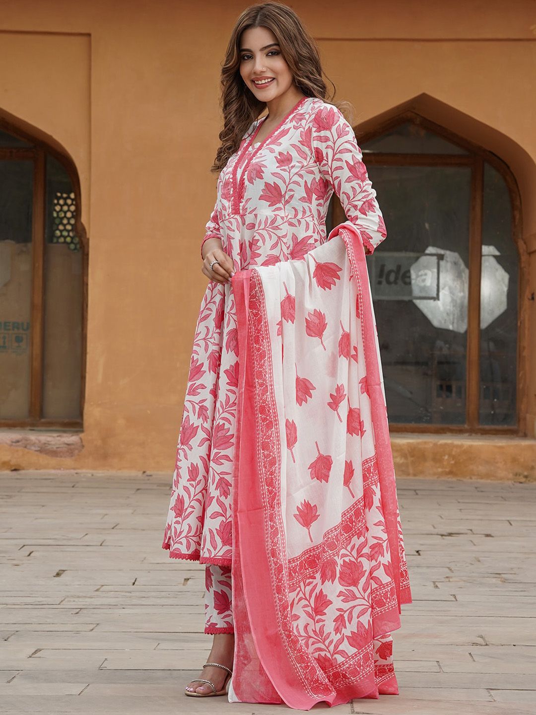 Dhiyona KL Floral Printed Regular Pure Cotton Anarkali Kurta with Trousers & Dupatta