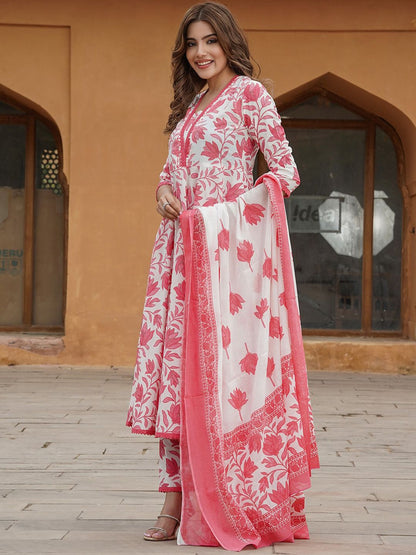 Dhiyona KL Floral Printed Regular Pure Cotton Anarkali Kurta with Trousers & Dupatta