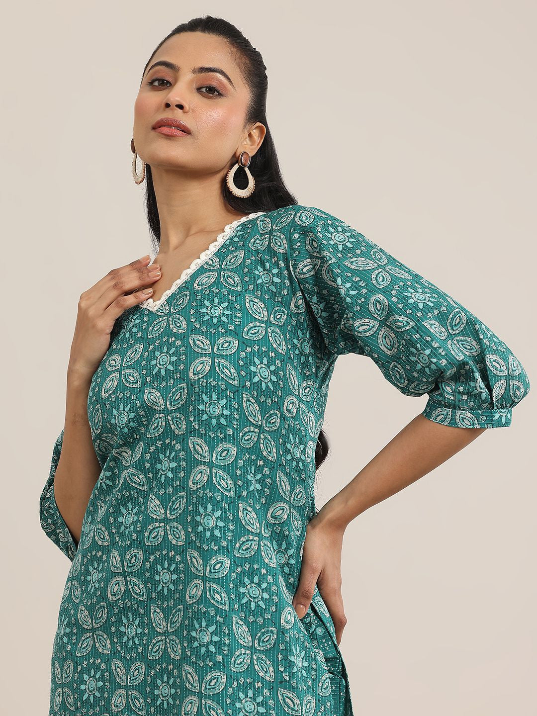 Teal Blue Floral Printed V-Neck Puffed Sleeves Straight Kurta With Trousers