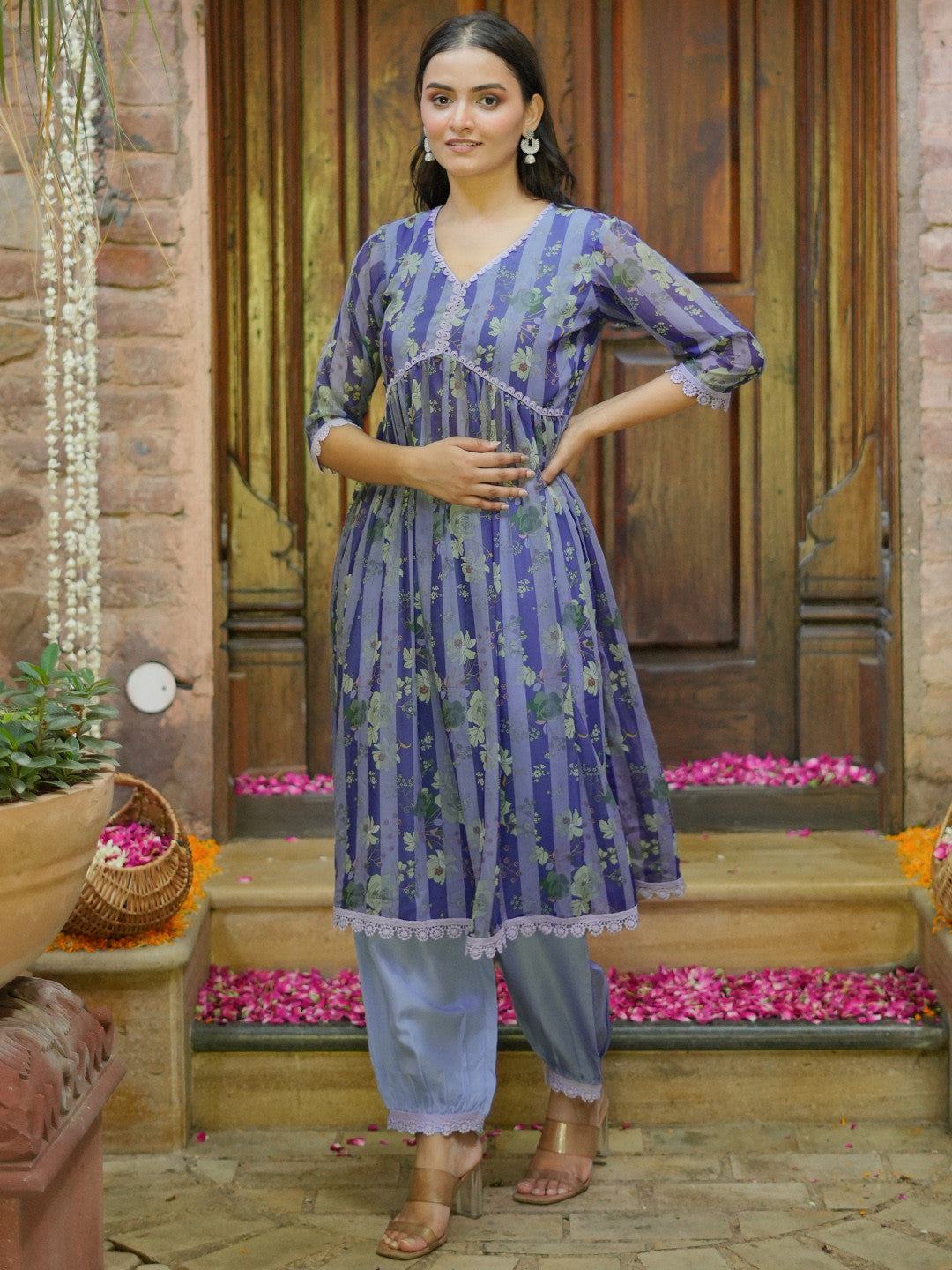 Floral Printed Lace Inserts Empire Kurta With Salwar