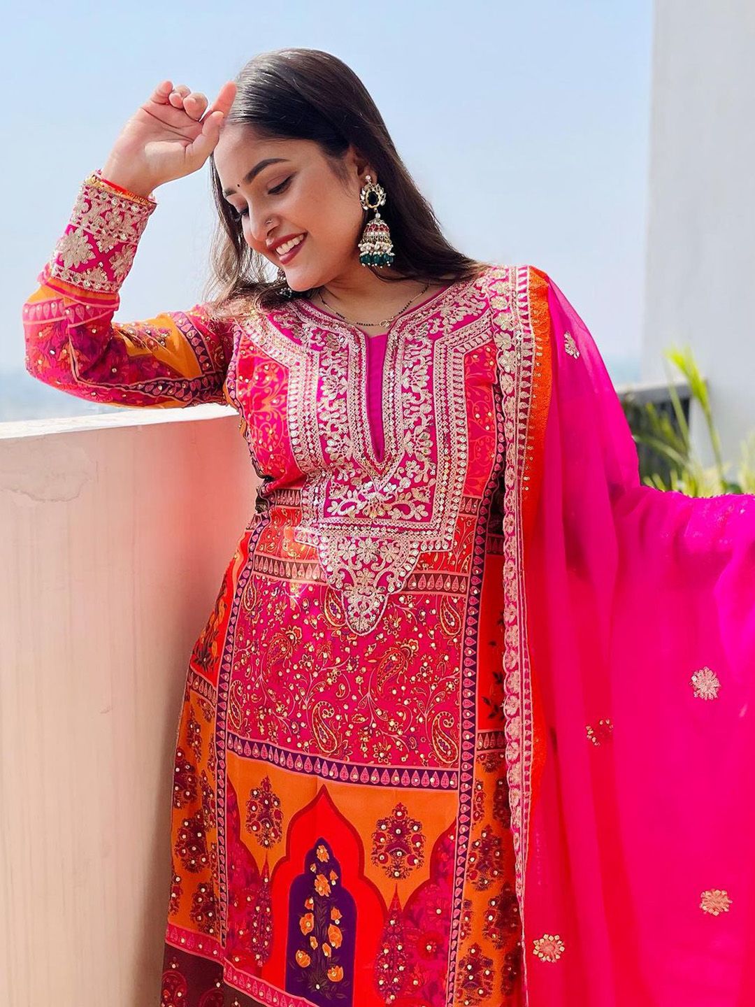 Dhiyona KL Ethnic Motifs Embroidered Beads and Stones Straight Kurta & Palazzos With Dupatta