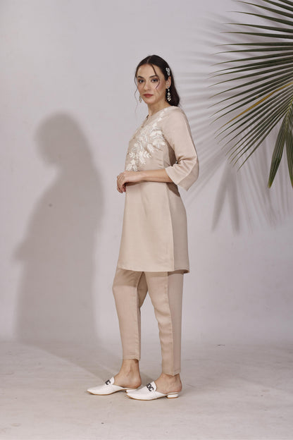 Dhiyona TI Women's Brown Colour White Thread Embroidery Work Co Ord
