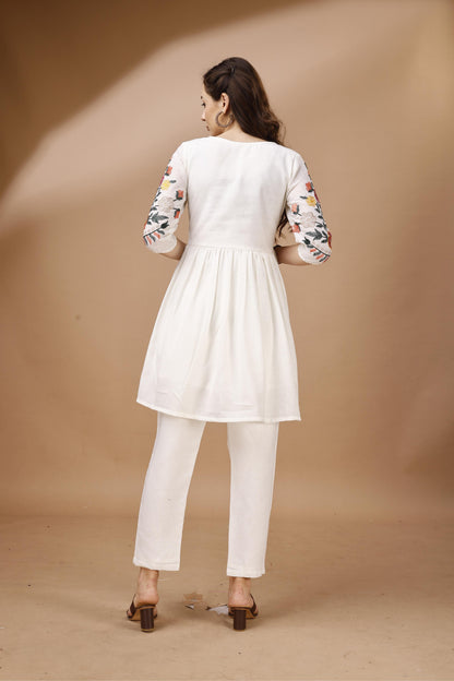 Dhiyona TI Women's Off White Colour Multi Thread Embroidery Flared Co Ord