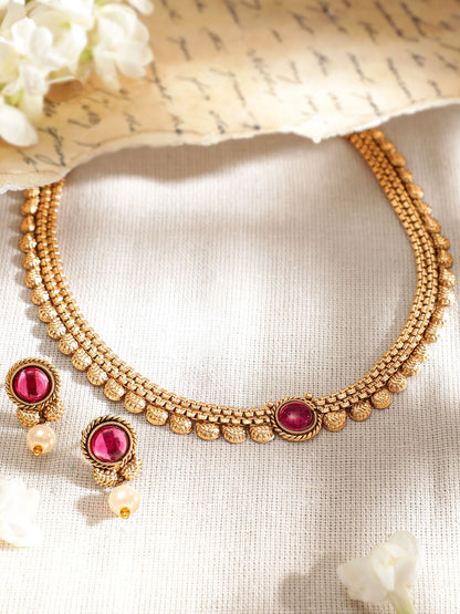 Dhiyona RJ Women's Gold-Plated Ruby Studded & Pearl Drops Handcrafted Jewellery Set