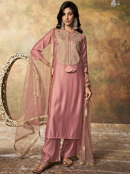 Dhiyona IN Floral Yoke Design Regular Pure Silk Kurta With Palazzos & Dupatta