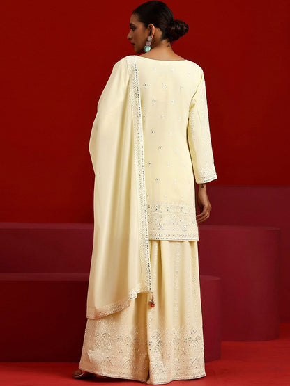 Dhiyona LL Ethnic Motifs Embroidered Round Neck Sequinned Kurta with Palazzos & Dupatta