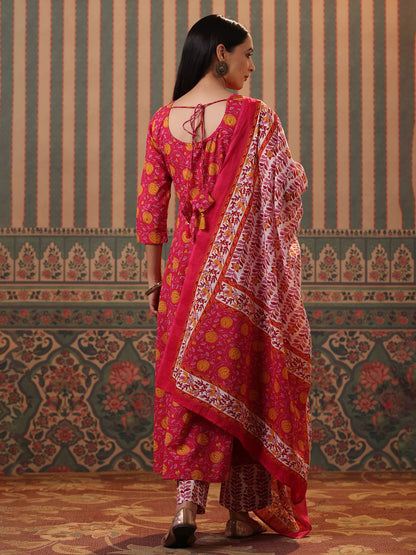 Dhiyona RR Women's Fuchsia Floral Printed Pure Cotton Kurta with Trousers & With Dupatta