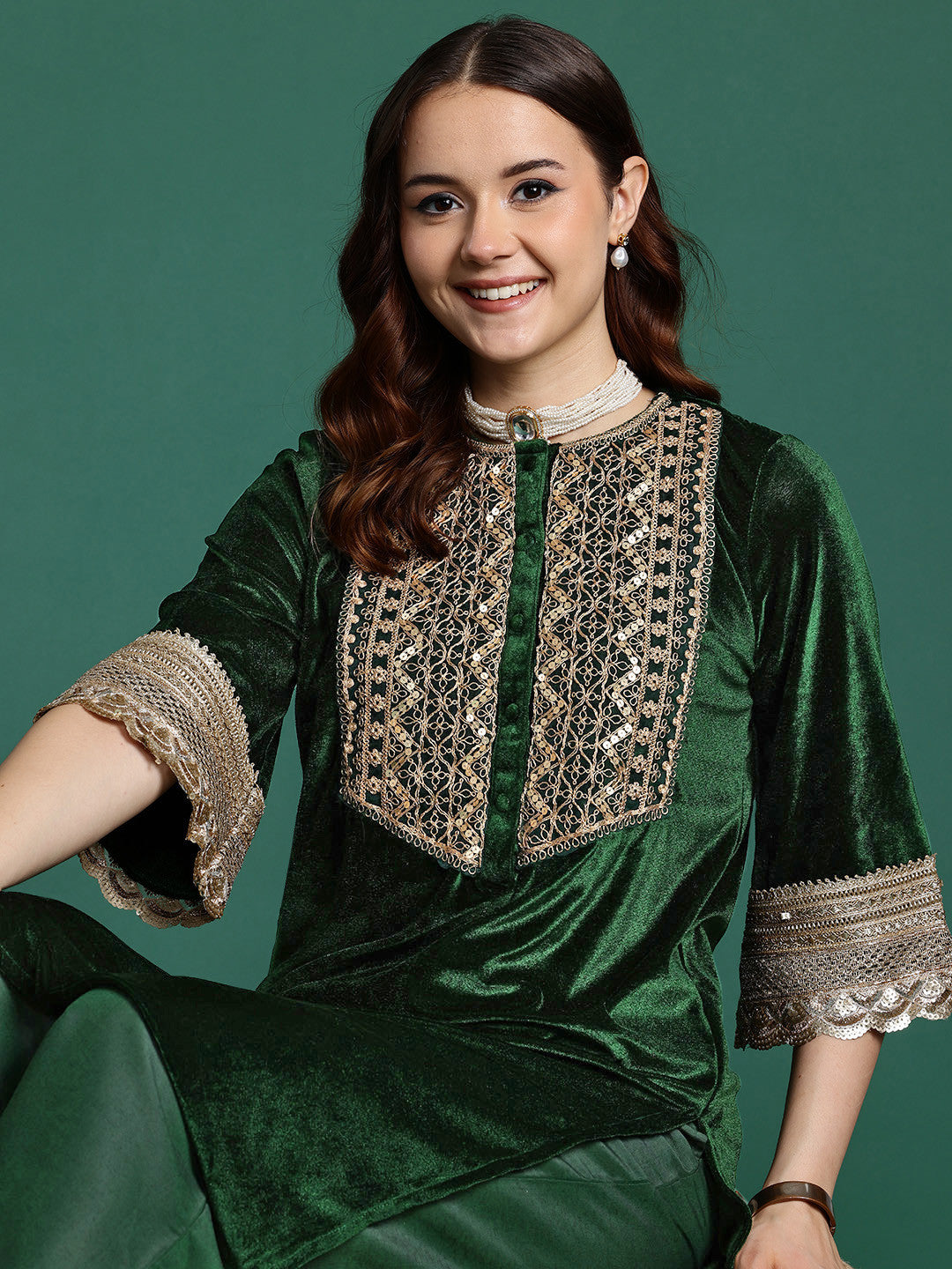 Velvet Finish Embroidered Kurta Set