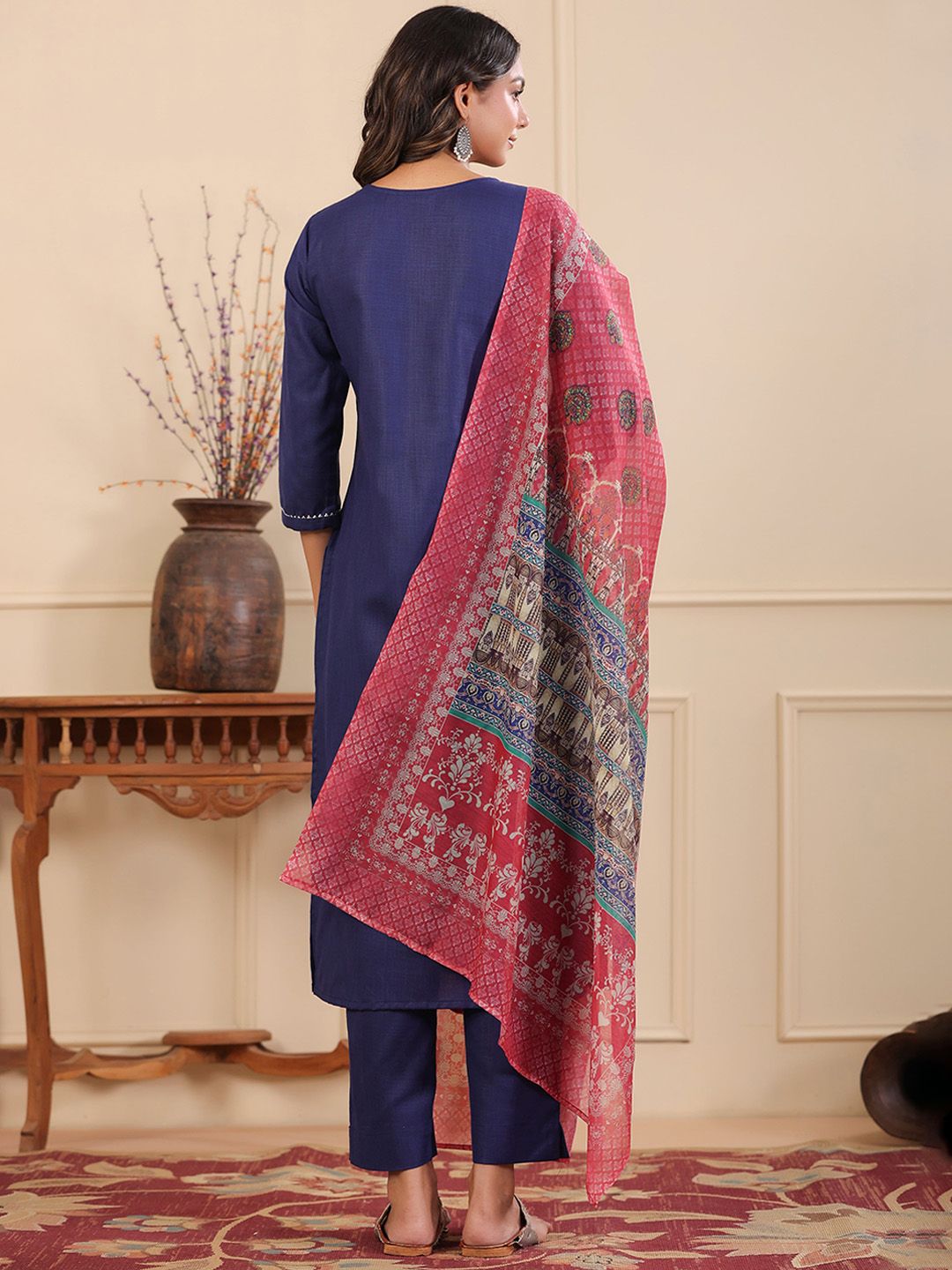 Dhiyona RR Women's Yoke Design Round Neck Thread Work Kurta Set With Dupatta