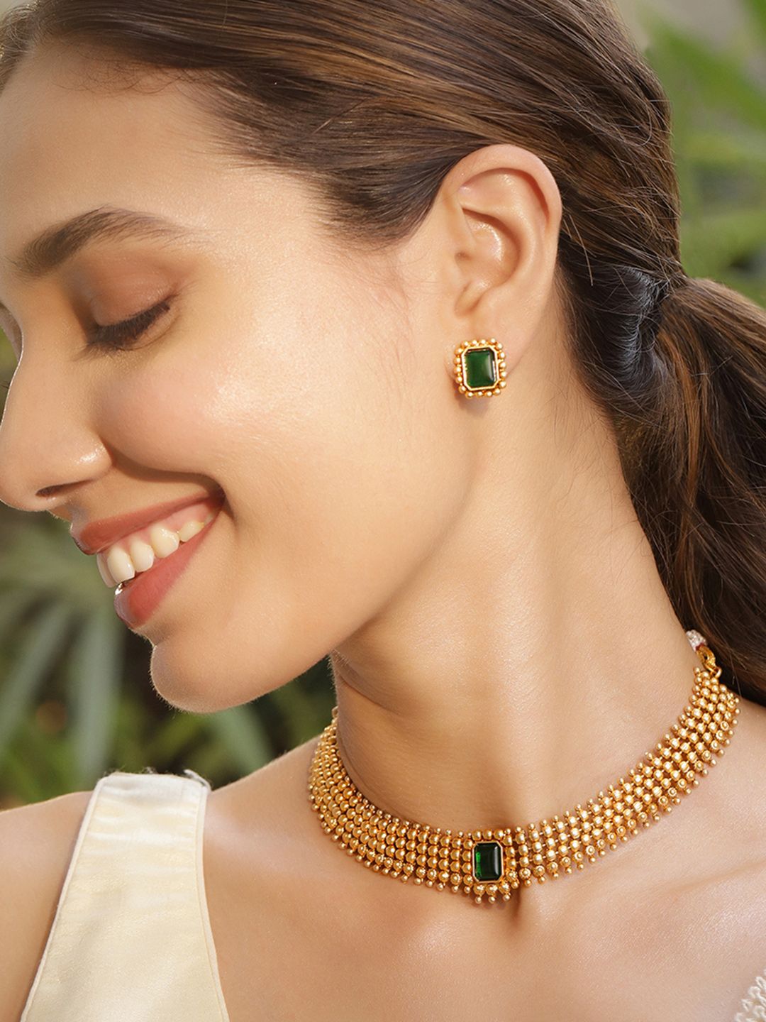 Dhiyona RJ Women's 22K Gold-Plated Emerald Green Stone Studded Choker Necklace Set with Gold Beads