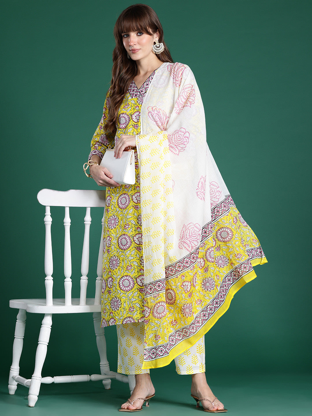Floral Printed Pure Cotton Kurta with Trousers & Dupatta
