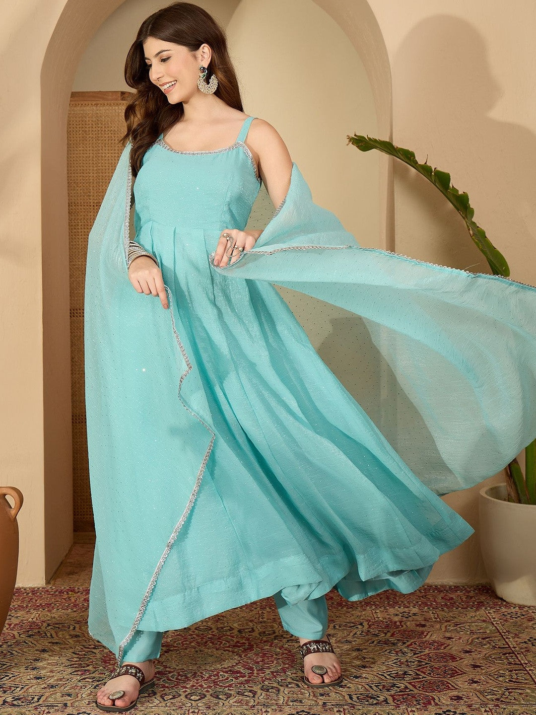 Women Printed Regular Sequinned Kurta with Trousers & With Dupatta