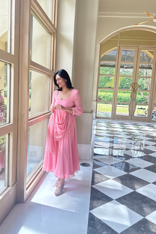 Dhiyona ST 3 pc Suit Set -Light Pink Pearl Edge Georgette 3/4th Sleeve Anarkali with Dupatta and Pants