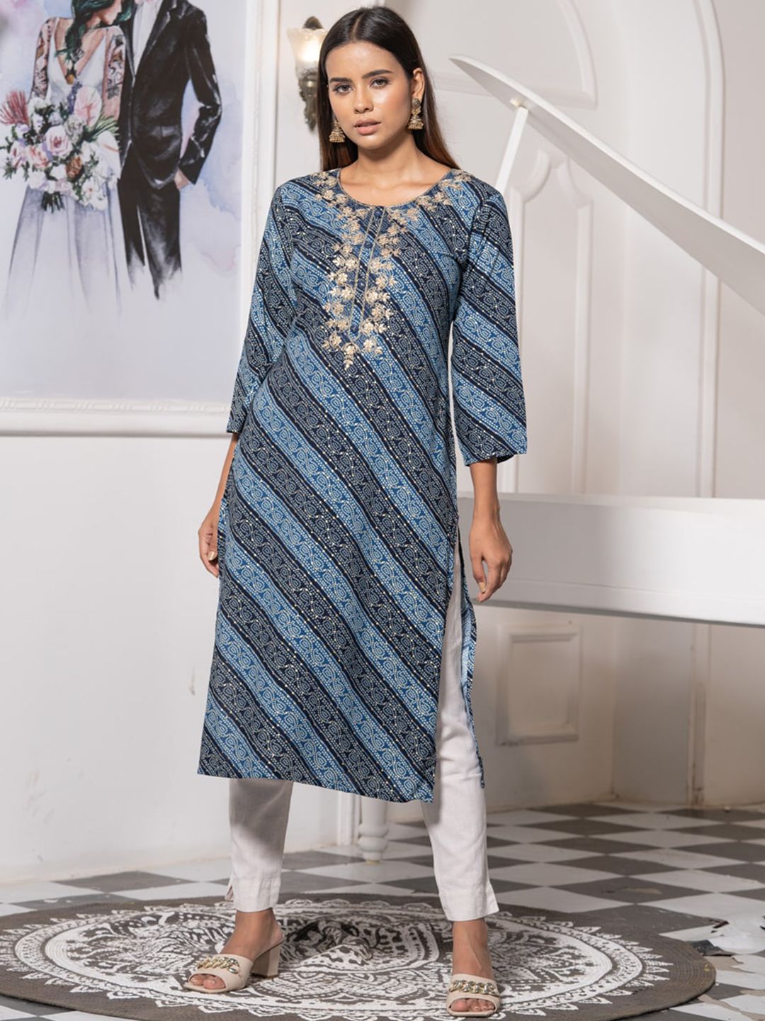 Dhiyona OD  Round Neck Printed Mirror Work Floral Kurta