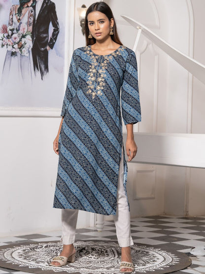 Dhiyona OD  Round Neck Printed Mirror Work Floral Kurta