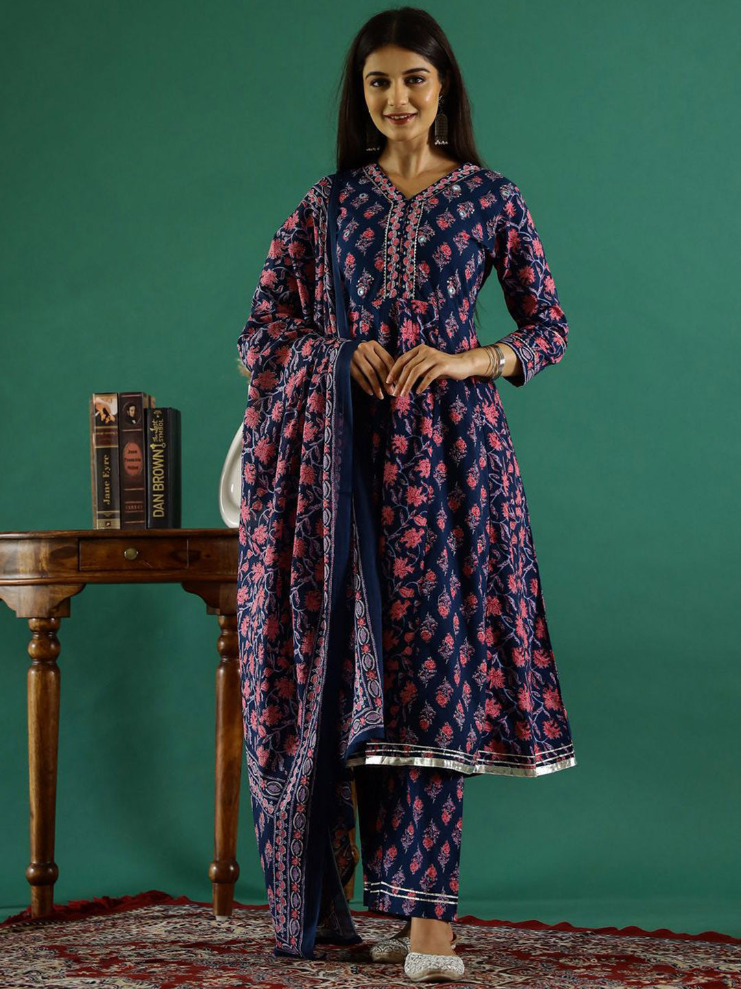 Dhiyona SN Floral Printed V-Neck Gotta Patti Pure Cotton A-Line Kurta With Trouser & Dupatta