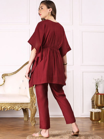 Dhiyona IS Women's Maroon Kimono Sleeve Asymmetric Kaftan Kurti with Trousers