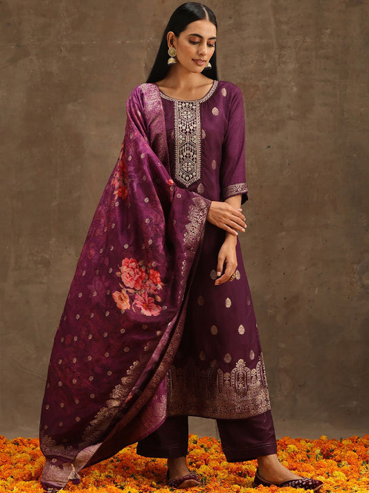 Women Floral Embroidered Regular Pure Silk Kurta with Trousers & With Dupatta