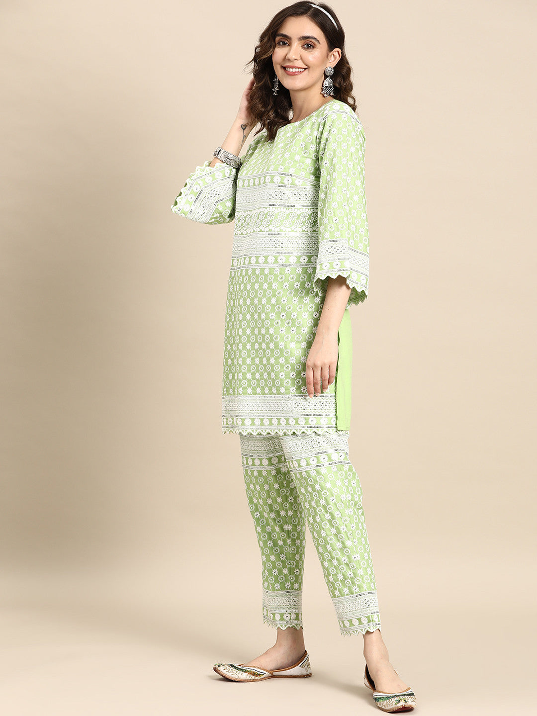 Floral Embroidered Mirror Work Kurta with Trousers
