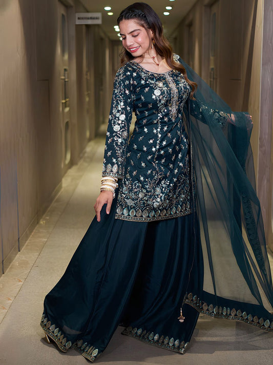 Dhiyona LL Sequinned Pure Silk Kurti with Palazzos & With Dupatta