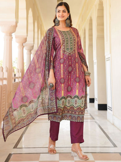 Dhiyona KL Floral Printed Round Neck Straight Kurta With Trousers And Dupatta