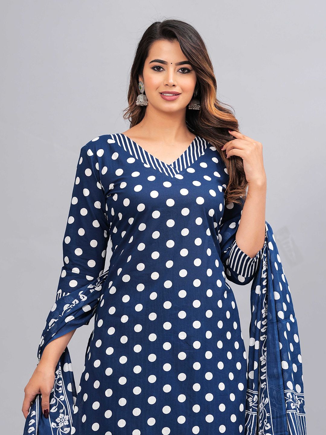Dhiyona KL Polka Dot Printed Regular Pure Cotton Kurta With Trousers & Dupatta