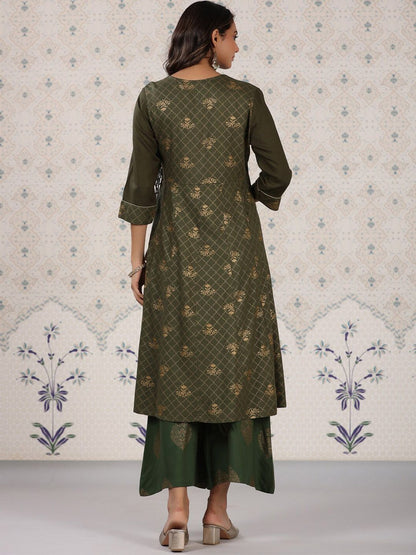 Dhiyona OD  Olive Green & Gold Printed V Neck Angrakha Kurta With Palazzos