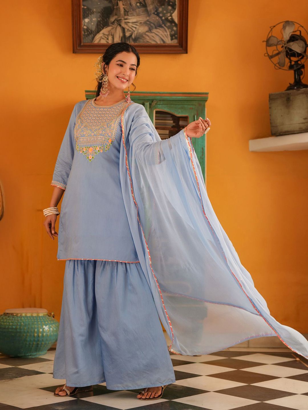 Dhiyona SC Women Blue Chanderi Silk Zari Embroidered Sharara Set