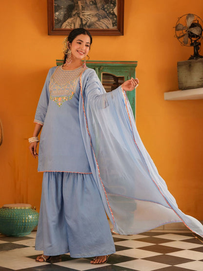Dhiyona SC Women Blue Chanderi Silk Zari Embroidered Sharara Set