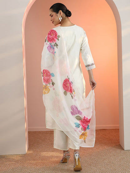 Floral Embroidered V-Neck Thread Work Straight Kurta With Trousers & Dupatta