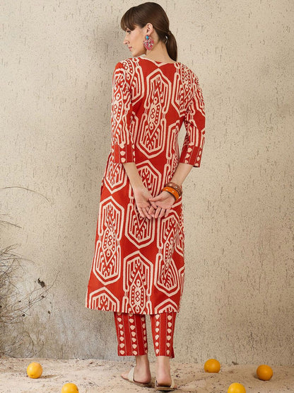 Dhiyona IE Women Printed Round Neck Cotton Top and Trousers Co-Ords