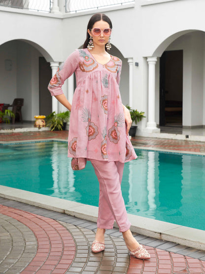 Dhiyona TI Women's Baby Pink Linen Embroidered Co Ord