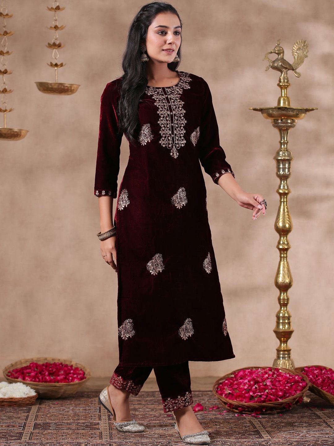 Dhiyona IS Women's Maroon Ethnic Motifs Embroidered Thread Work Velvet Straight Kurta With Trouser