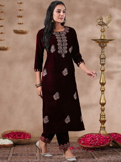 Dhiyona IS Women's Maroon Ethnic Motifs Embroidered Thread Work Velvet Straight Kurta With Trouser