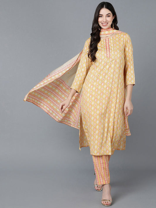 Dhiyona KL Ethnic Motifs Printed Pure Cotton Straight Kurta With Trousers & Dupatta