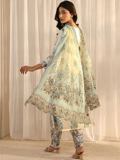 Off White Floral Printed Chanderi Silk Straight Suit Set with Dupatta