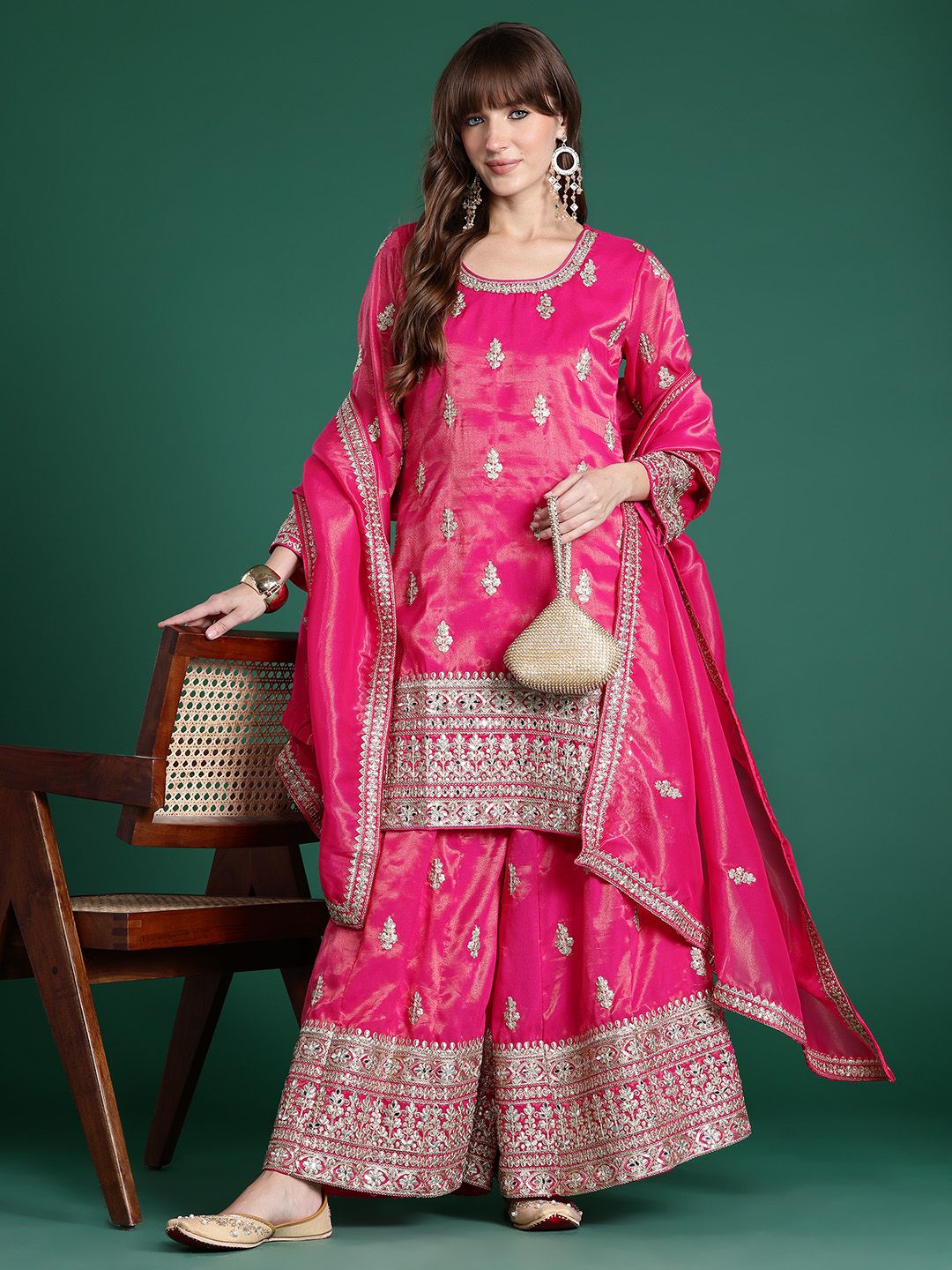 Dhiyona IE Ethnic Motifs Embroidered Mirror Work Kurta with Palazzos & With Dupatta