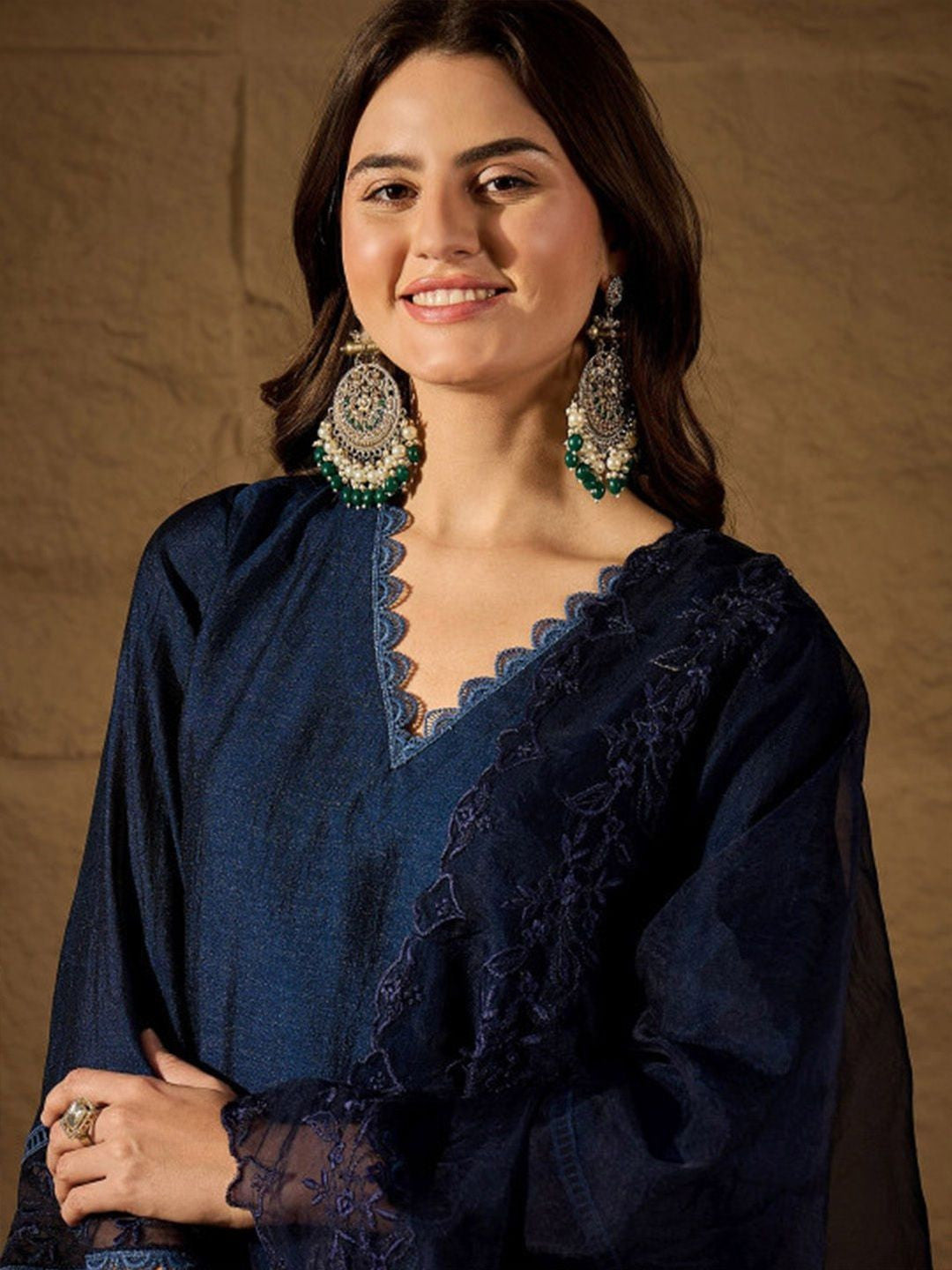 Women Ethnic Motifs Regular Thread Work Chanderi Silk Kurta with Palazzos & With Dupatta