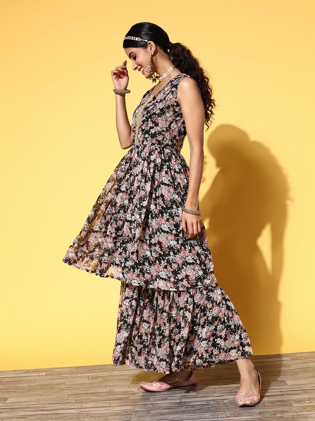 Dhiyona VA Women Black Floral Printed Pleated Kurta with Sharara & With Dupatta