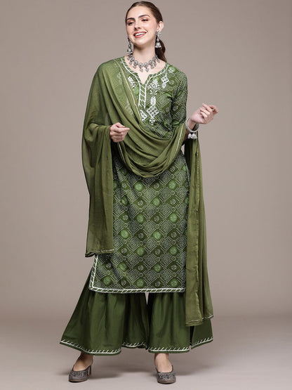 Dhiyona AN Women Green Printed Regular Gotta Patti Kurta with Sharara & With Dupatta