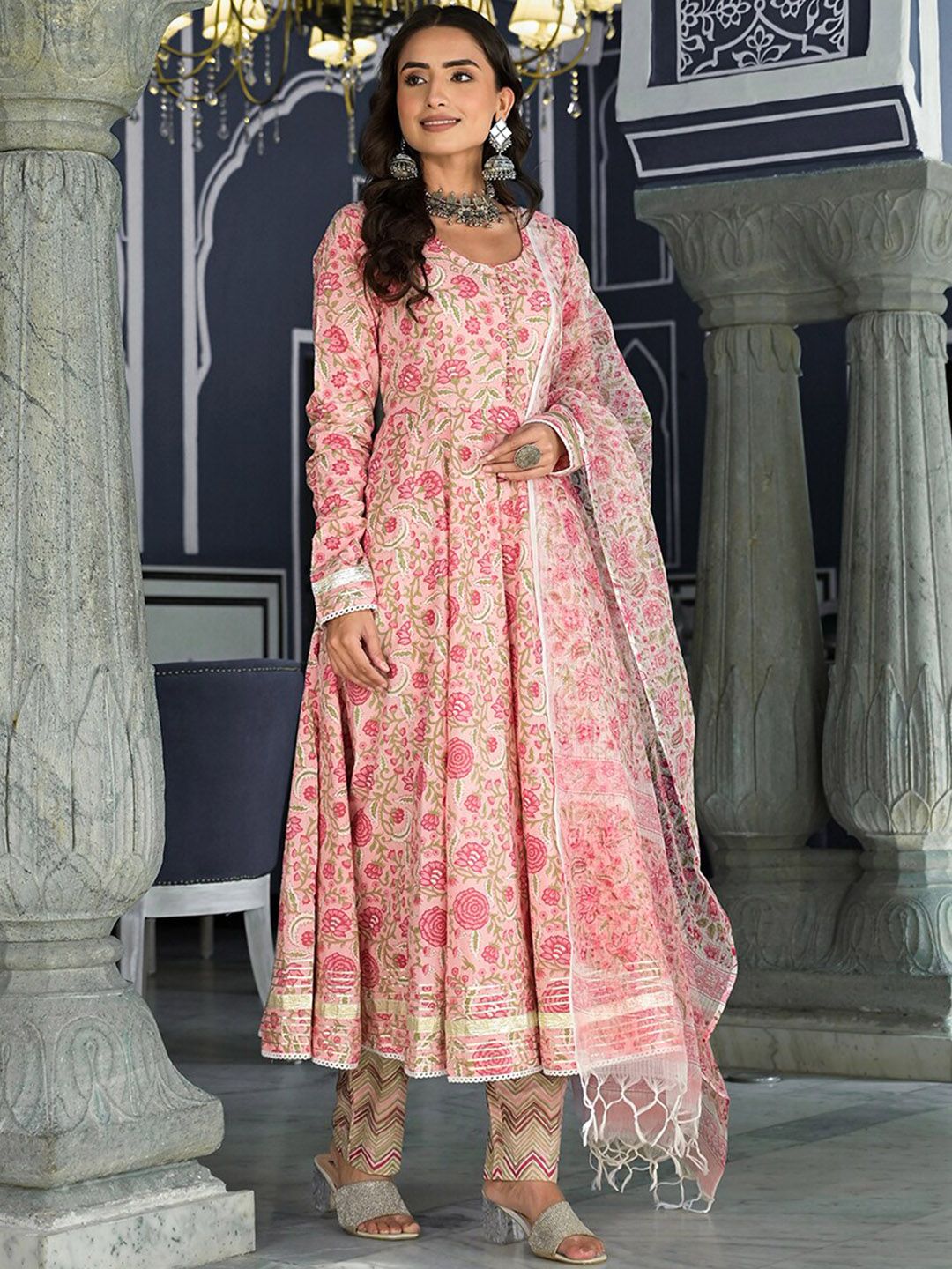 Dhiyona KL Floral Printed Anarkali Kurta & Trousers With Dupatta