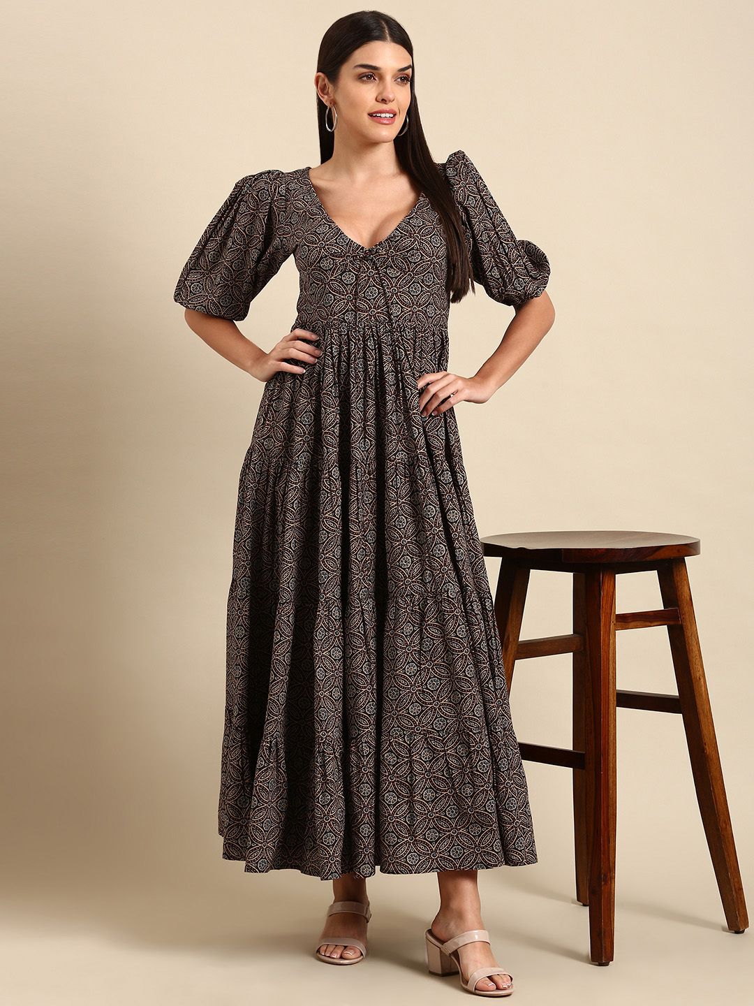 Dhiyona AY Women's Black & Brown Floral Tie-Up Neck Ethnic Cotton Maxi Ethnic Dress