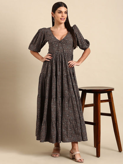 Dhiyona AY Women's Black & Brown Floral Tie-Up Neck Ethnic Cotton Maxi Ethnic Dress
