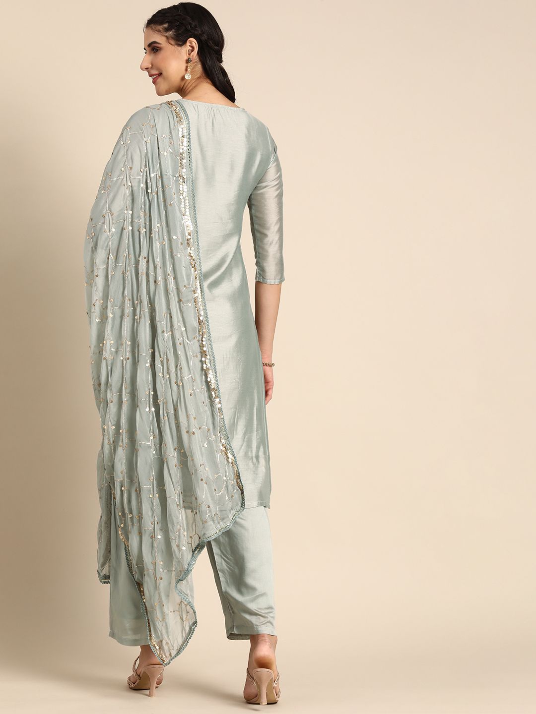 Dhiyona SN Women Grey Ethnic Motifs Embroidered Regular Sequinned Chanderi Silk Kurta with Palazzos & With